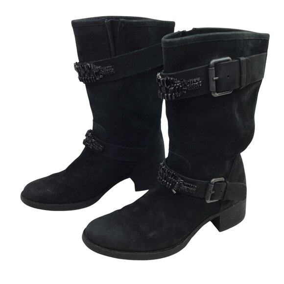 Vera Wang Lavender Uma Embellished Combat Moto Leather Mid-Calf Boots Womens 9.5 - Picture 1 of 14